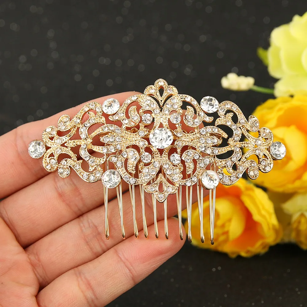 Bella Fashion Gold Tone Bridal Flower Hair Comb Pins Austrian Crystal 