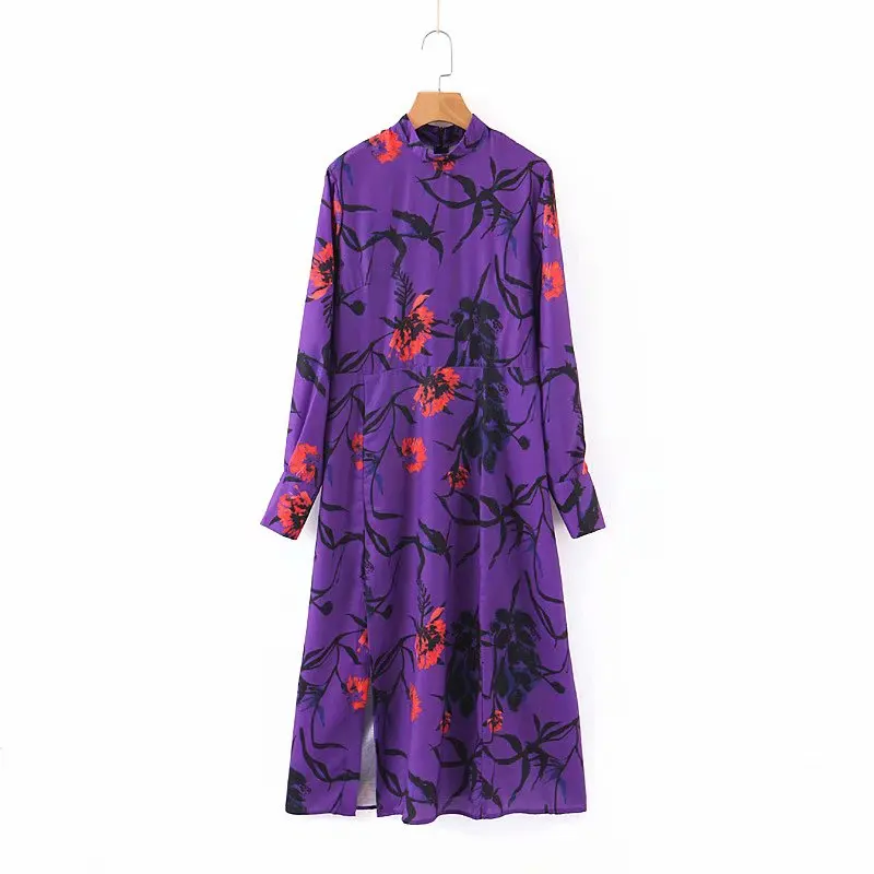 

Women vintage floral pattern dress stand collar long sleeve split front straight female autumn retro midi dresses vestido