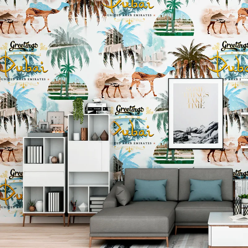 

Thai wallpaper Southeast Asian style wallpaper camel desert Thailand tropical rainforest bedroom Nordic TV background wall mural