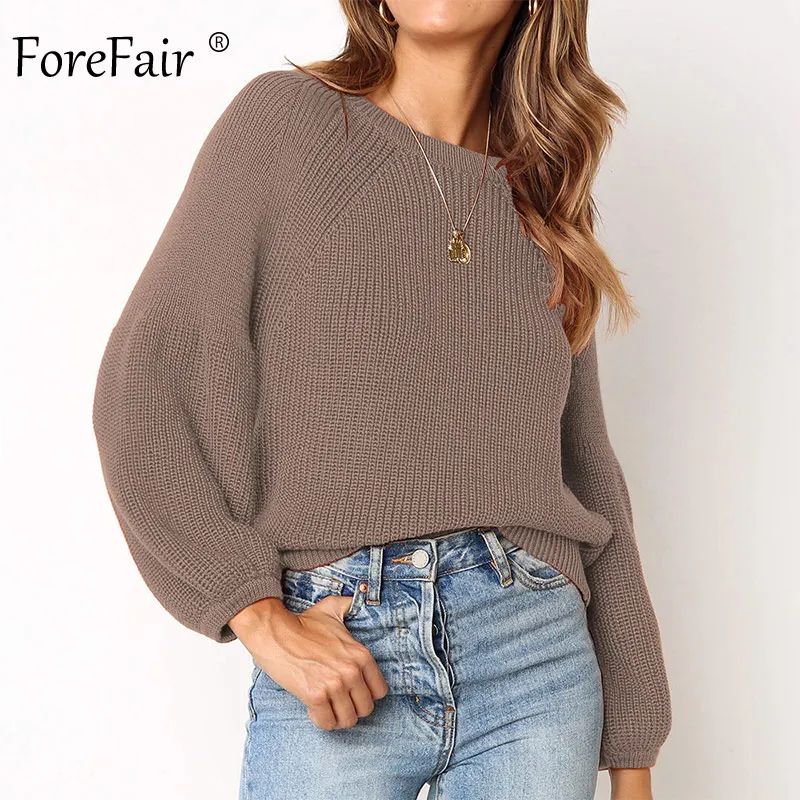 Forefair, вязаный свитер с круглым вырезом, женские зимние топы, осень, размера плюс, корейский стиль, хлопок, однотонный, трикотаж, повседневный джемпер для женщин - Цвет: Khaki Sweaters