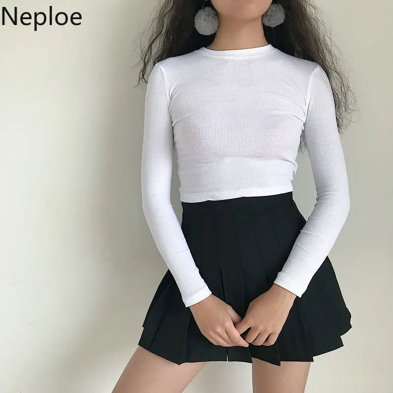

Neploe Korean Fashion O Neck Solid Women Tops Slim Waist Casual Full Sleeve T Shirts Skinny Broadcloth Tees 2019 45406