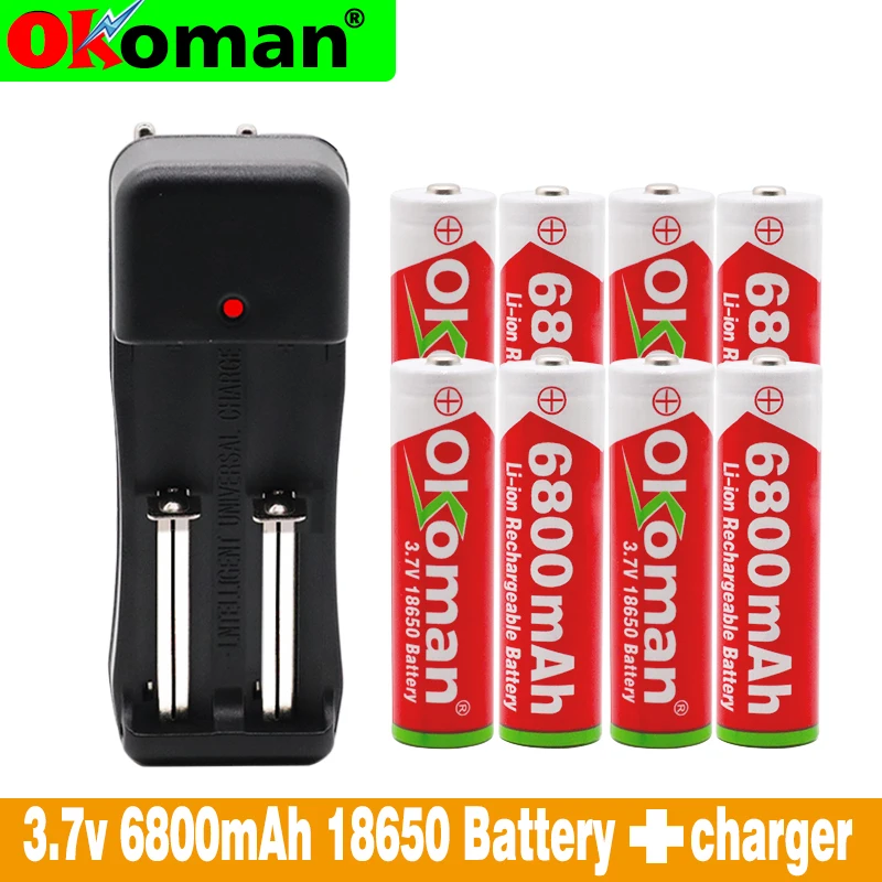 

Okoman new 18650 battery 3.7V 6800mAh rechargeable liion battery with charger for Led flashlight battery+1pcs Charger