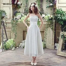 Elegant Ivory A-Line Lace Cover Wedding Dresses 2017 Lace Up Formal Women Tea-Length Bridal Reception Gowns vestido de noiva