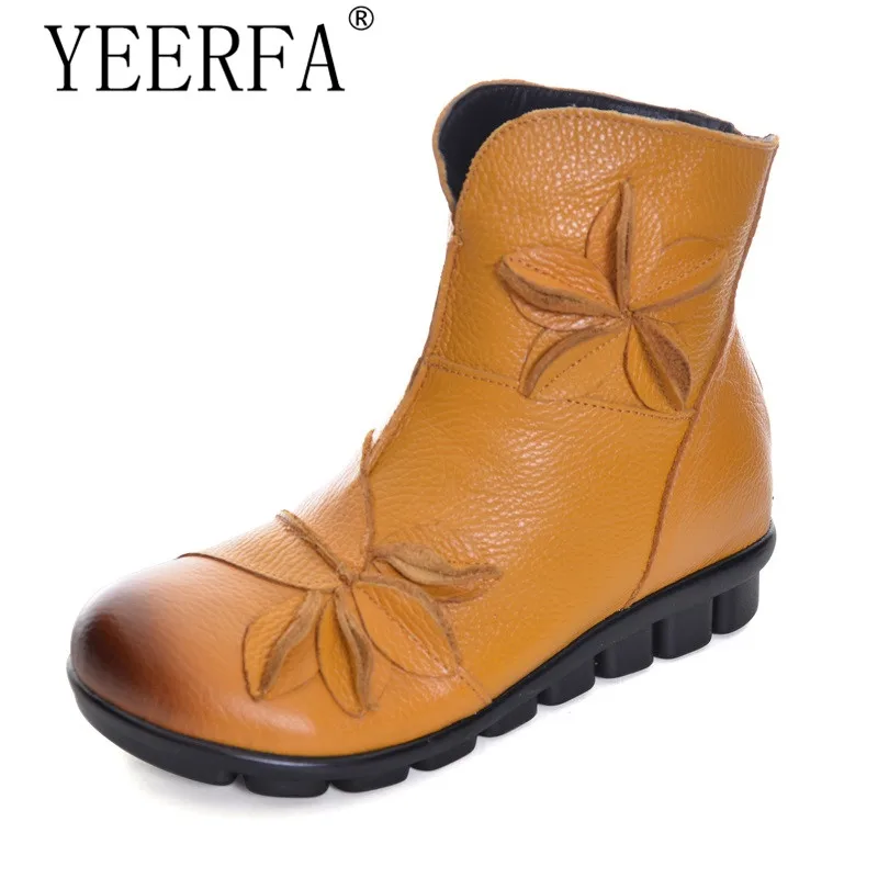 

YIERFA Women Ankle Boots Soft Flats Flower Decoration Womens Autumn Winter Genuine Leather Shoes Large Size 35-41