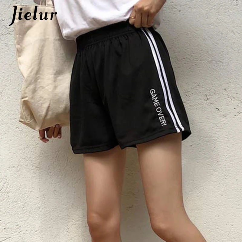 Jielur женские шорты спортивные широкие шорты с высокой талией с вышитыми буквами повседневные шорты Femme полосатый состыкованный хит цвета Pantalon