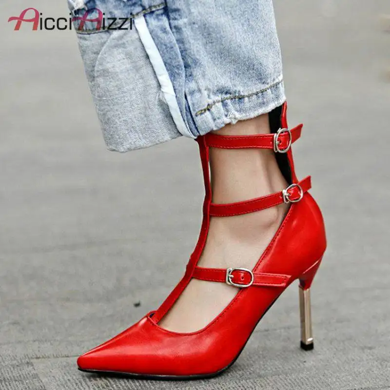 

ZALAVOR 2019 New Women Pumps Gladiator High Heels Shoes Buckle Pointed Toe Solid Color Sexy Women Party Shoes Plus Size 32-48