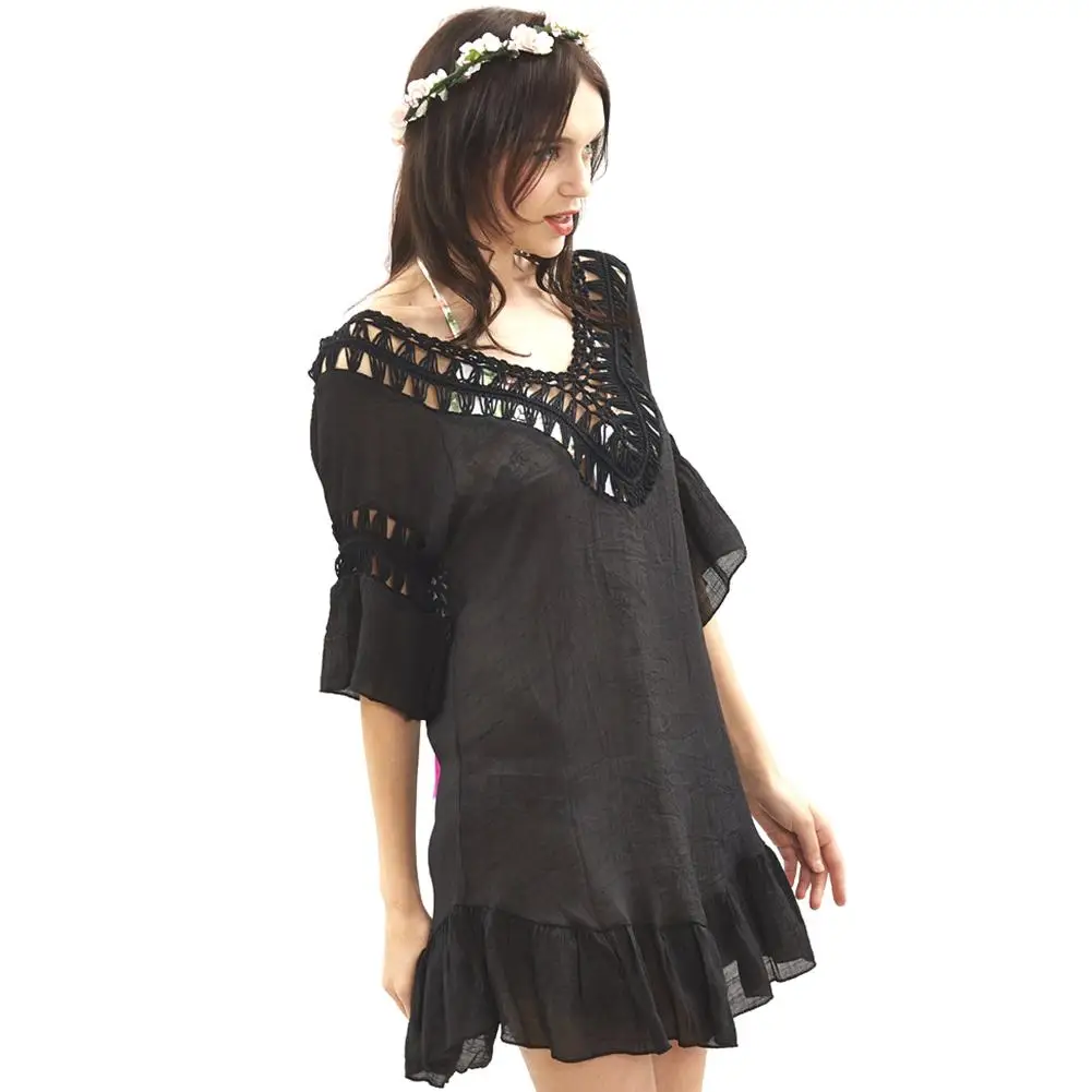 

2018 Black Sexy Flounce Open Back Fringe Feather Beach Swimsuit Blouse Beach Cover Up Bikini Cover Up Swim