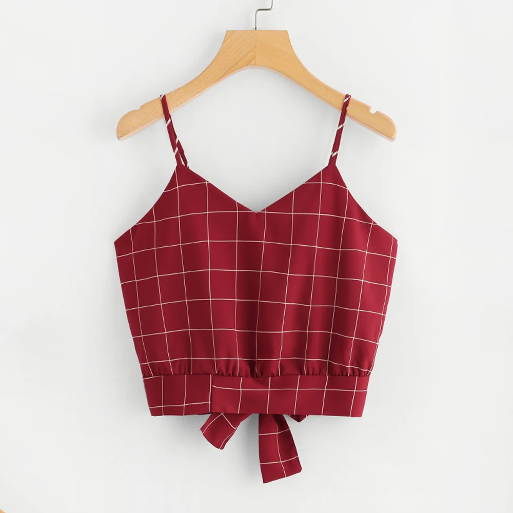 

Summer new style Bow short sling top European and American sexy fashion slim plaid vest