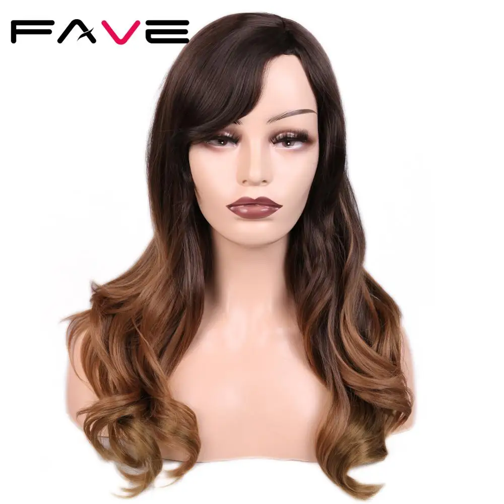 

FAVE Synthetic Wig Long Wave Side Part Brown Ombre Color With Bangs For Black Women Cosplay Wig 24 Inches Heat Resistant Fiber