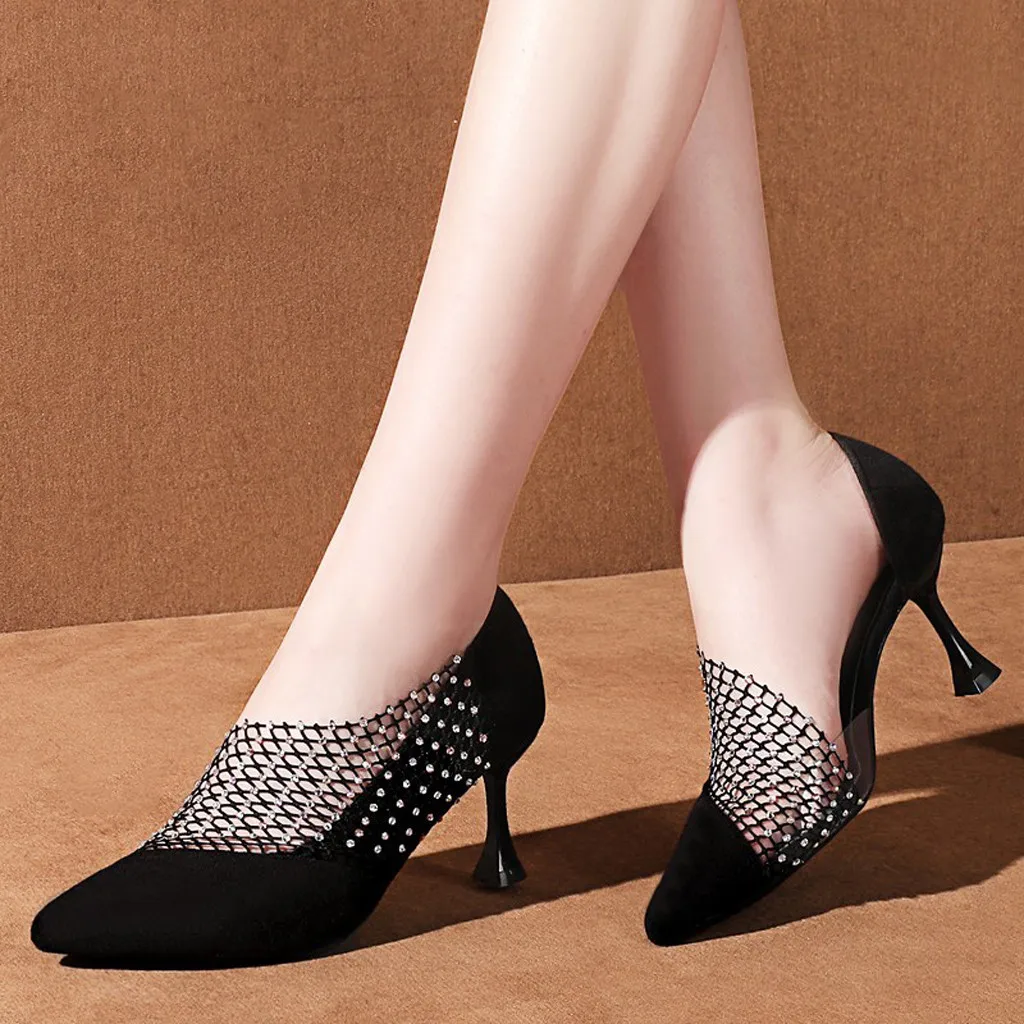 

Elegant shoes woman high heel ladies shoes Flock Pointed Stiletto women shoes Sexy Rhinestone szpilki damskie Hollow High Heels