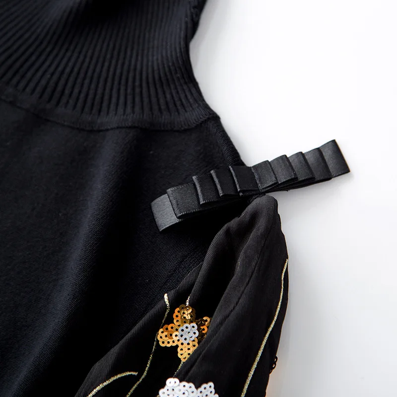 2018 new wool elastic turtle neck embroidery lantern sleeve sweater high quality office lady women autumn pullover sweater