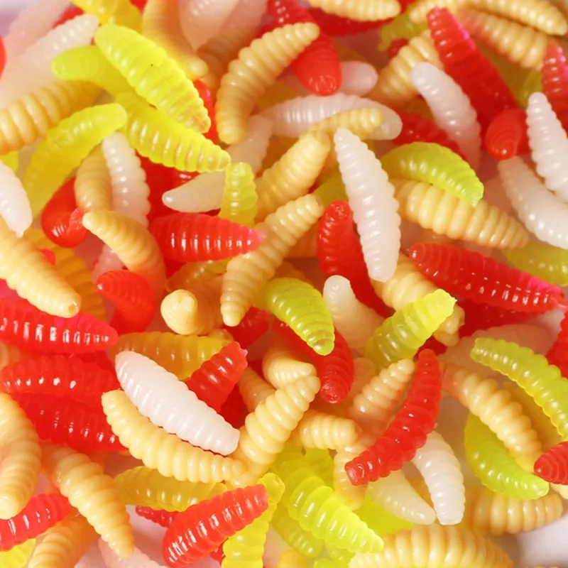 

Promotion 50PCS 2cm 0.3g maggot Grub Soft Fishing Lure hooks smell Worms Glow Shrimps Fish Lures