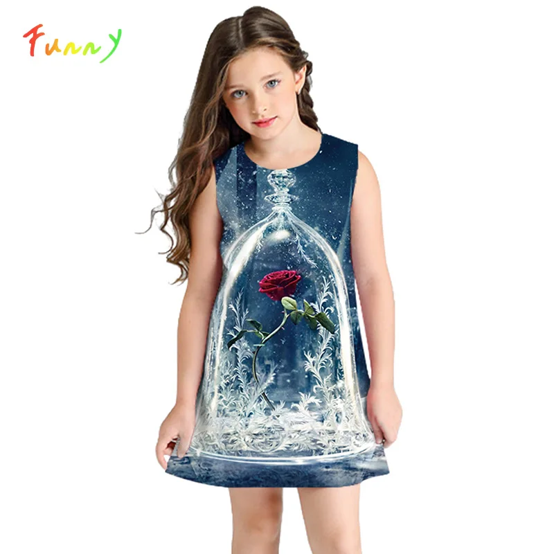 

Toddler Girl Dresses Rose Flower Printed Princess Dress Elegant Sleeveless Brief Girls Summer Dress Kids Clothes 8-12 Years