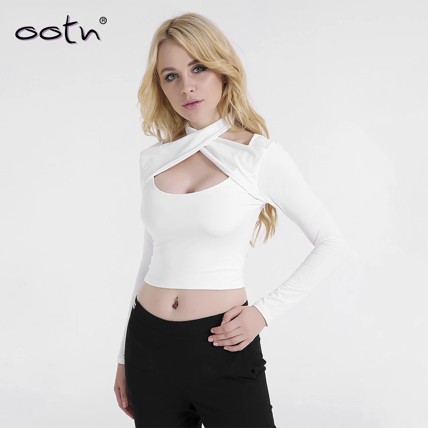 

OOTN Sexy Black Crop Top Long Sleeve T Shirt Women Casual Slim White Hollow Out Patchwork Halter Tshirt Women Summer Top 2019