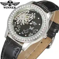 Победитель лучший бренд класса люкс Для женщин механические часы кожаный ремешок бабочка цветок С кристалалми и стразами Iced Out элегантные