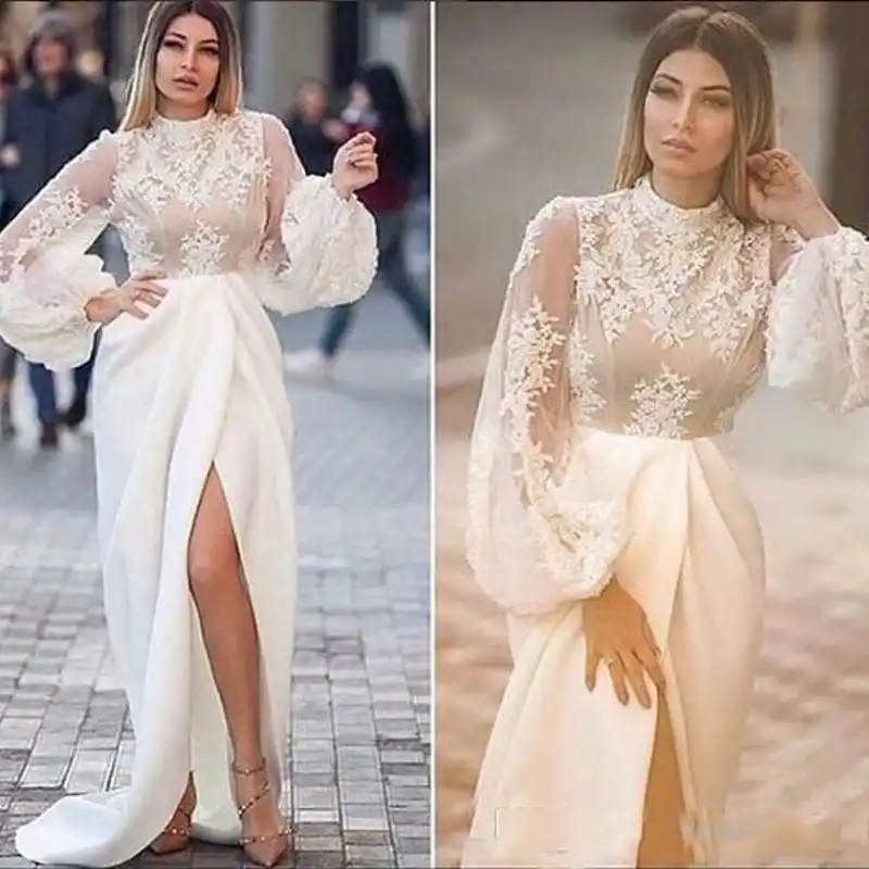 Cuello Alto Blanco 2019 Vestidos De Noche Aplique De Encaje De Sirena Ilusion Mangas Largas Formal Vestidos Fiesta Lateral Vestido De Gala Sexy Aliexpress