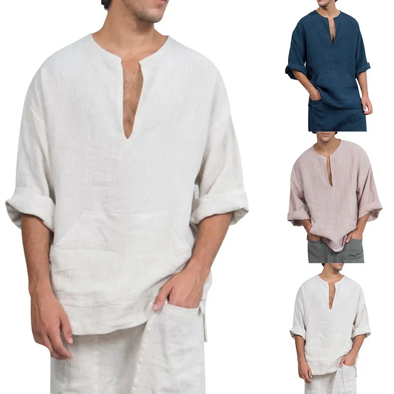 

Casual Linen Men T Shirt V Neck Camiseta Hombre Vintage Solid Full Sleeve Tee Shirt Loose Tee Tops Summer Harajuku Shirt Men