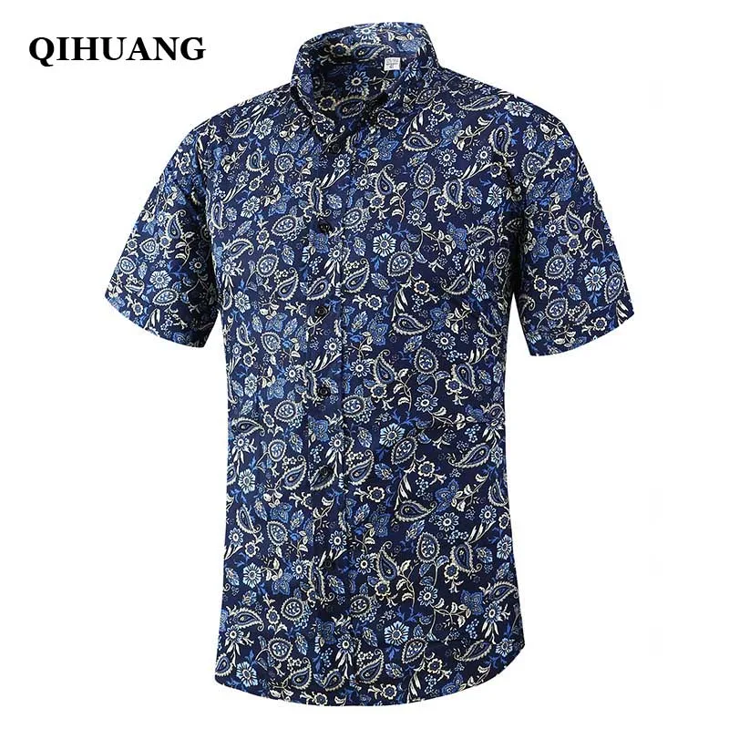 

QIHUANG 2019 Summer Men Short Sleeve Shirt Cotton Plus Size Casual Tropical Floral Beach Hawaiian Shirts Brand Men Clothing