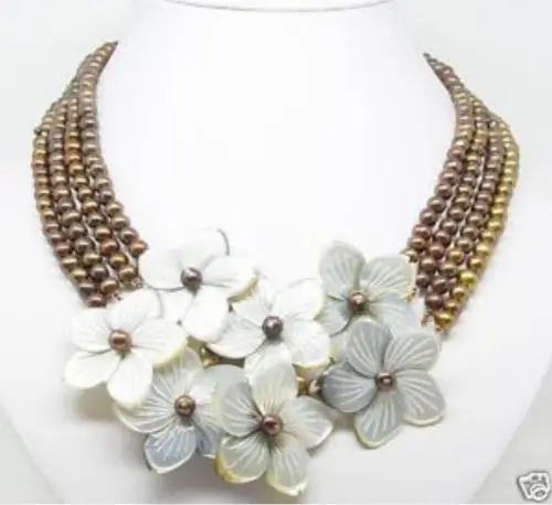 

shipping 4 Rows 6-7mm Chocolate pearl MOP flower Shell necklace