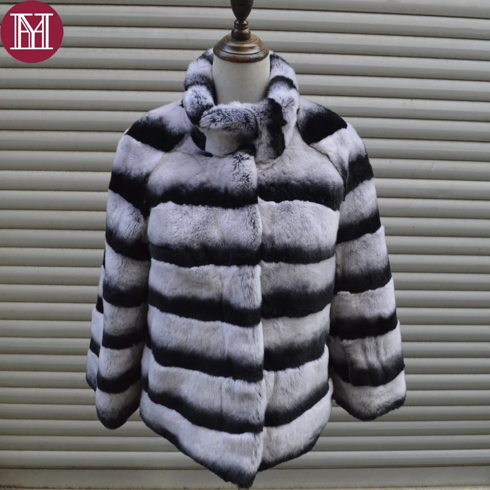 

2018 Brand Winter women real rex rabbit fur coat warm soft fur jacket for lady fashion Chinchilla fur outerwear striped elegant