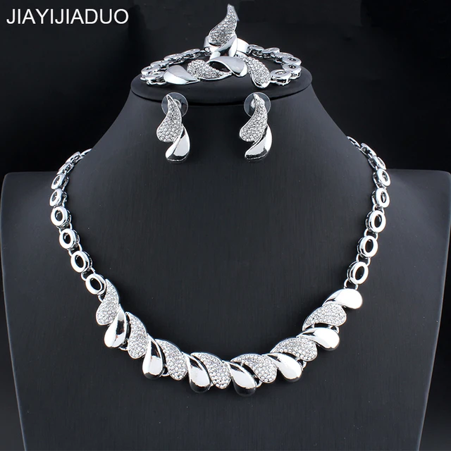 Jiayijiaduo Silver Color Wedding Crystal Jewelry Set For Glamour Jiayijiaduo Silver Color Wedding Crystal Jewelry Set For Glamour Women Necklace Earrings Bracelet Ring Sets Dress Accessories