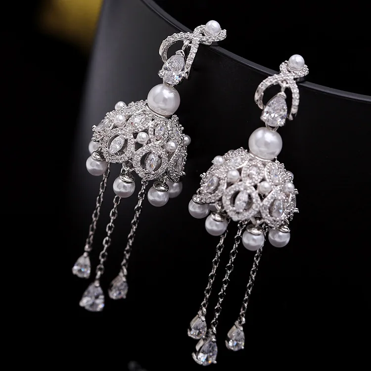

Fashion accessories S925 sterling silver needle wind-bell micro-set zircon ear earrings fringed pearl wedding dinner