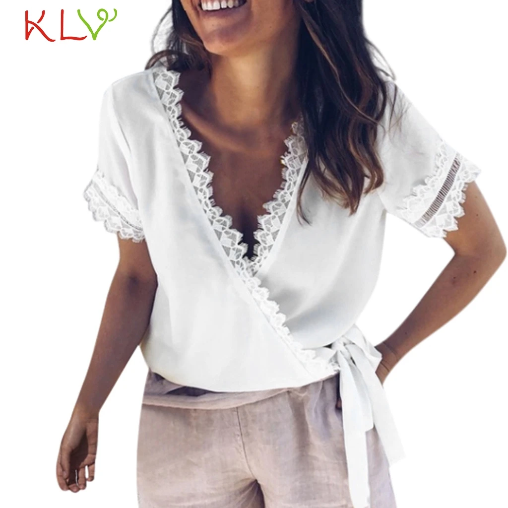 

T Shirt Women Summer Fashion Chiffon Lace Short Sleeve Bandage Casual Top Harajuku Camiseta Princesa Basic Tees Mujer 2019 19A8