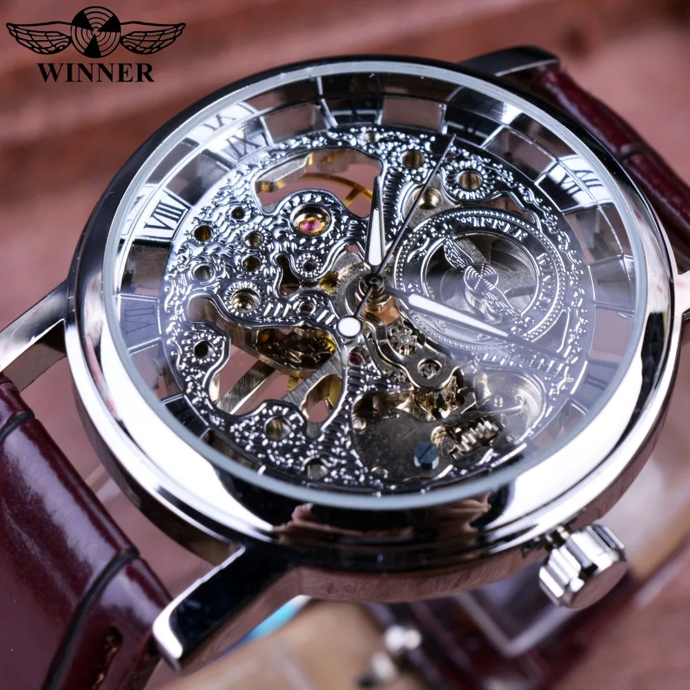 Winner Royal Carving Skeleton Brown Leather Strap Silver Case Transparent Case Men Watch Top Brand Luxury Mechanical Watch Clock