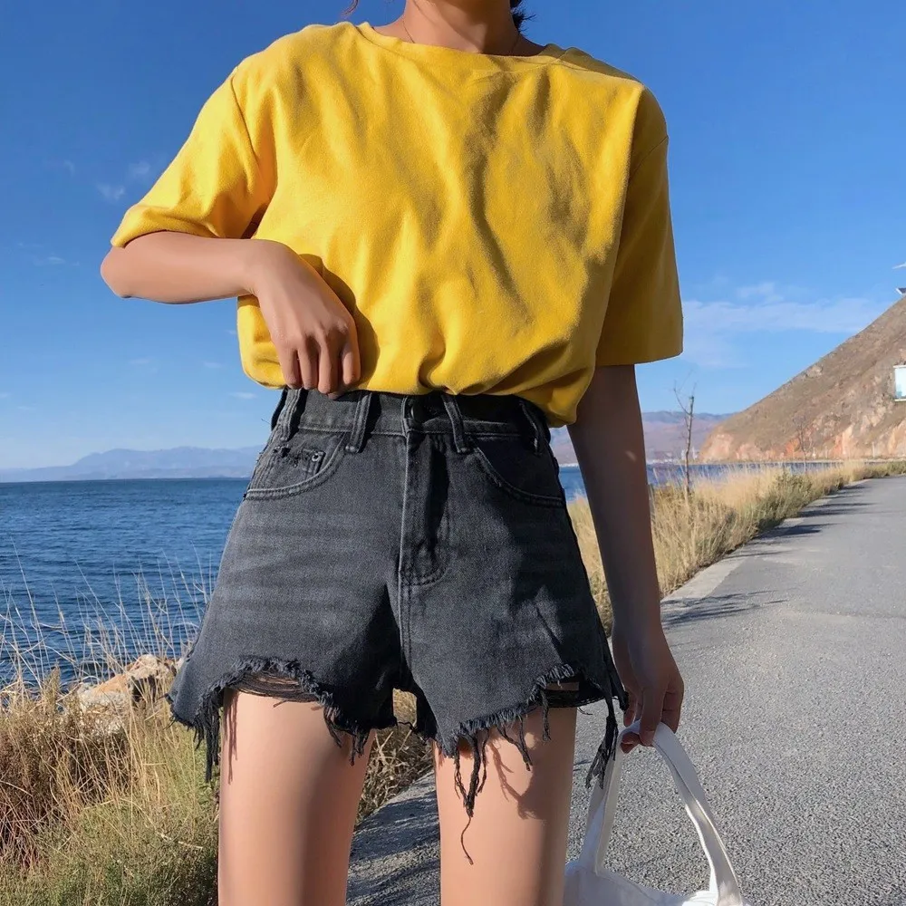 2019 Модные женские летние Рваные джинсовые шорты с высокой талией однотонные мини-шорты с кисточками и карманами повседневные шорты