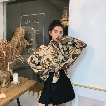 

2019 Spring and Autumn Women's Long Sleeve Flower Shirt Top New Korean Fashion Loose vintage Chic Large Size Shirt Tide