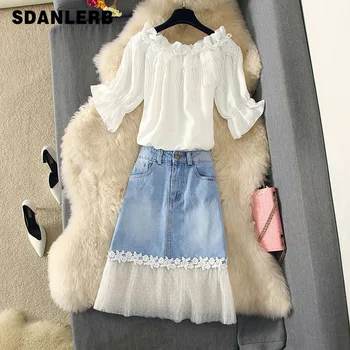 

2019 New Summer Sweet Skirt Suit Women Lotus Leaf Edge White Shirts Top + Mesh Spliced Jean Skirts Girls Lady Sexy Two Piece Set