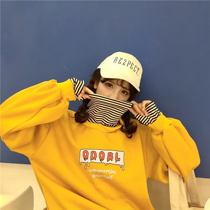 Harajuku полосатый принт графическая водолазка оверсайз Женская толстовка KPOP 2019