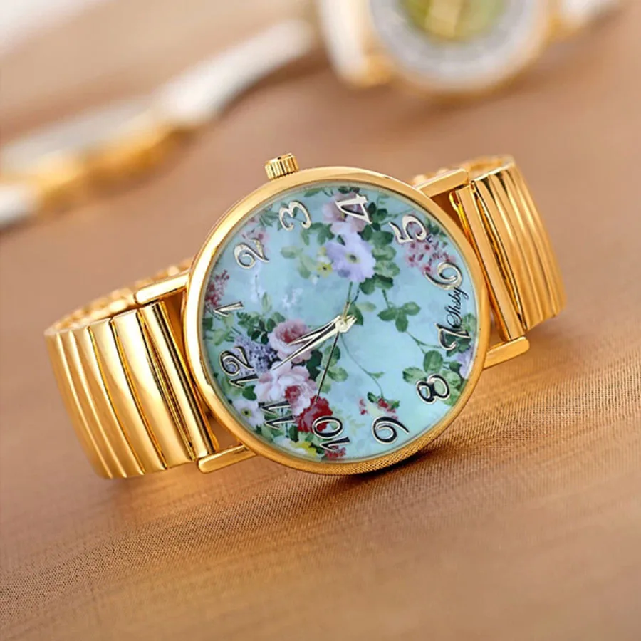 Shsby горячая распродажа высокое качество золотые эластичные часы из нержавеющей стали женское платье кварцевые наручные часы Новое поступление женские часы с цветами