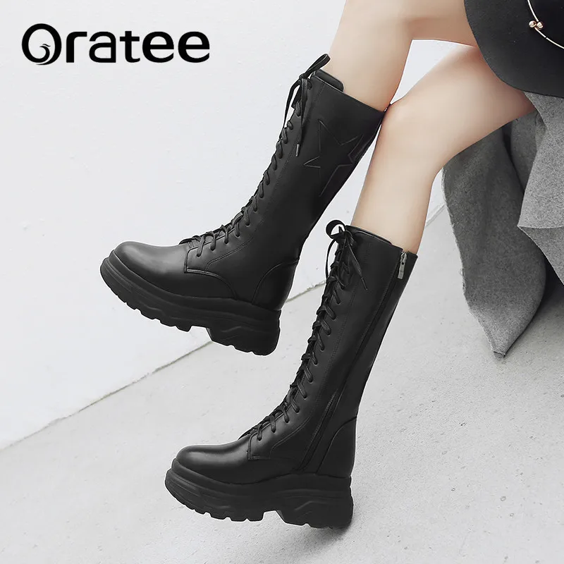 

Winter Fashion lace-up Lace Up Knee High Martin Boots Women's Motorcycle Boots New Woman Star Gothic Platform Shoes Plus size