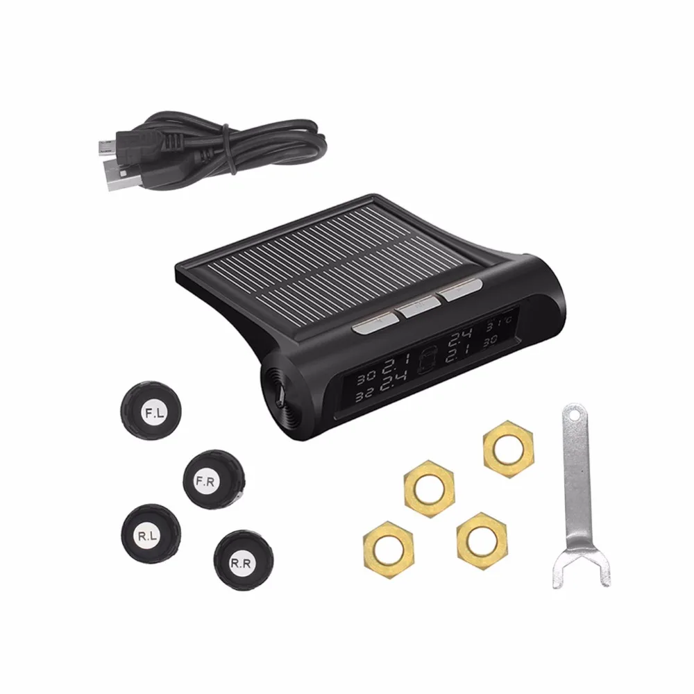

USB Charging Solar Energy Car TPMS Tire Pressure Monitor System Detector Tire Temperature Alarm with Wireless External Sensors