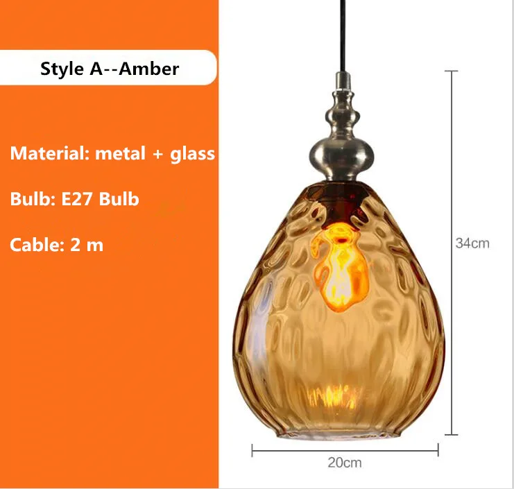 Скандинавский ретро стеклянный светодиодный подвесной светильник для ресторанный салон бар подвесная осветительная арматура Лофт деко Шнур подвесные люстры - Цвет корпуса: Style A--Amber