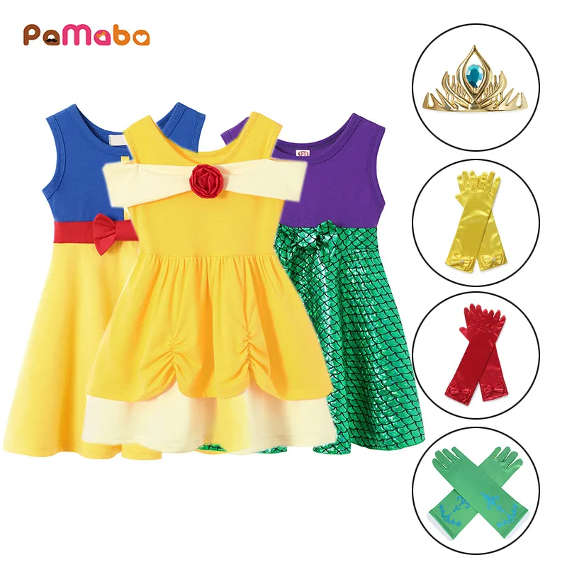

PaMaBa Summer Breathable Child Princess Snow White Dress with Headband Gloves Girl Fancy Minne Frock Cheap Cosplay Party Clothes