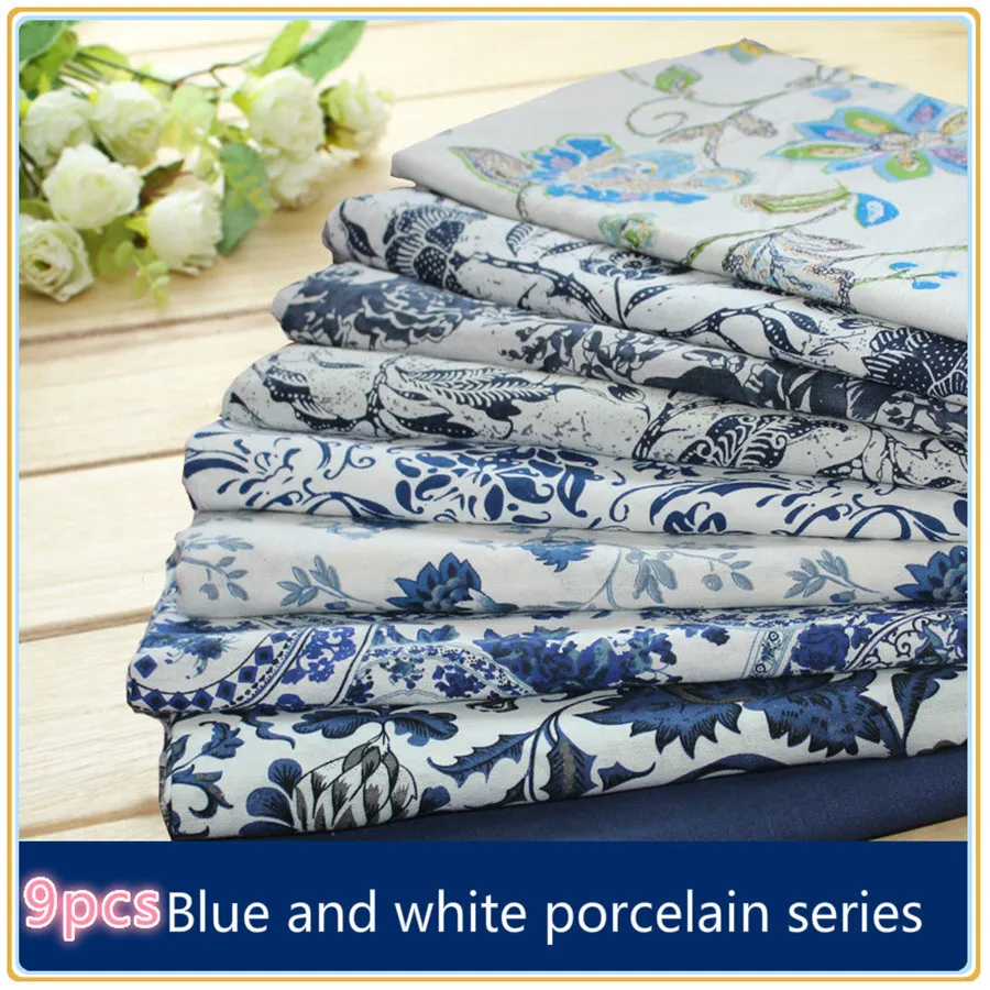 

9pcs 25x35cm Blue White Porcelain Printed Linen Cotton Fabric Handmade Sewing Tissue Telas Para Patchwork Quilting Textiles