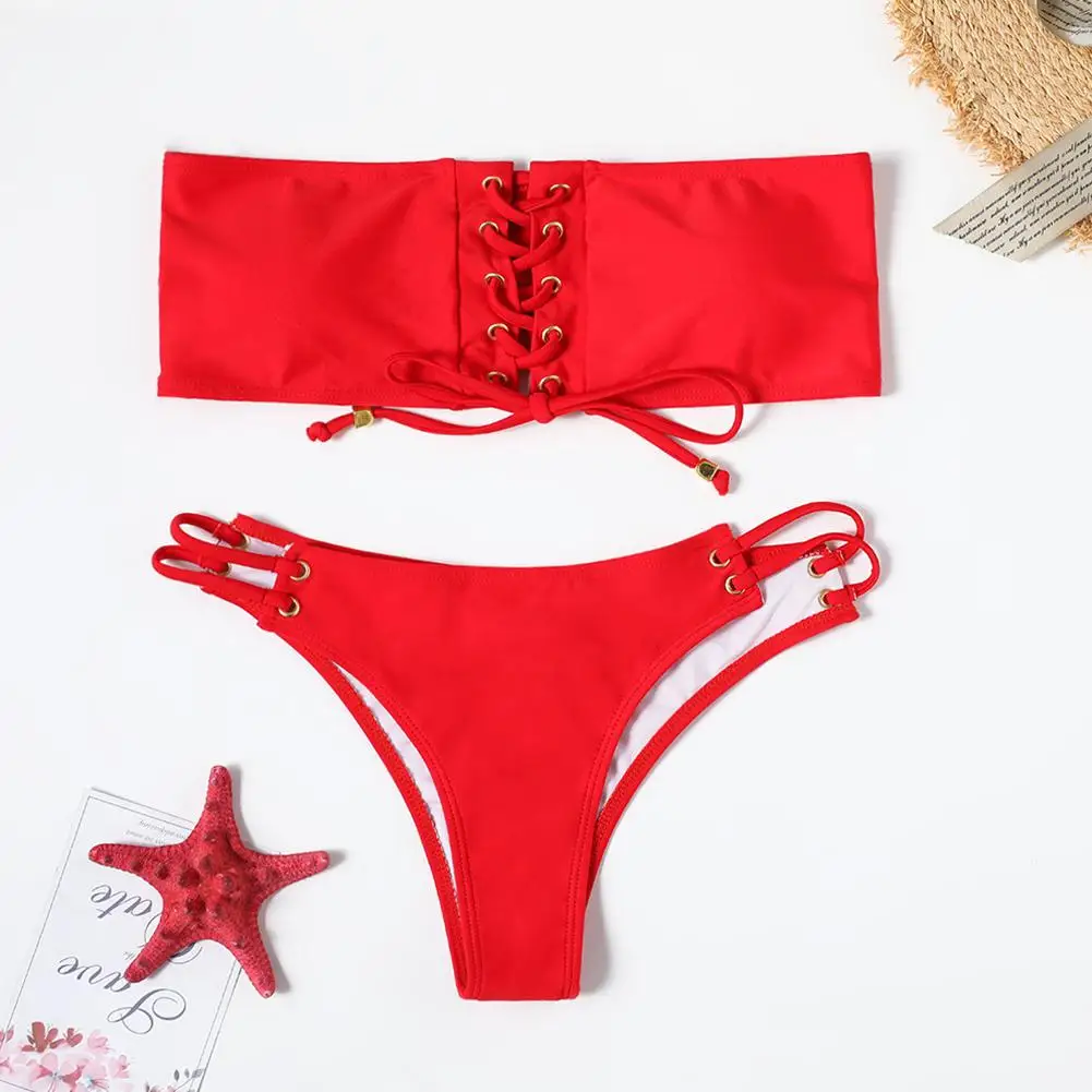 

HobbyLane Women Red Front Lace-up Sexy Split Bikini Suit