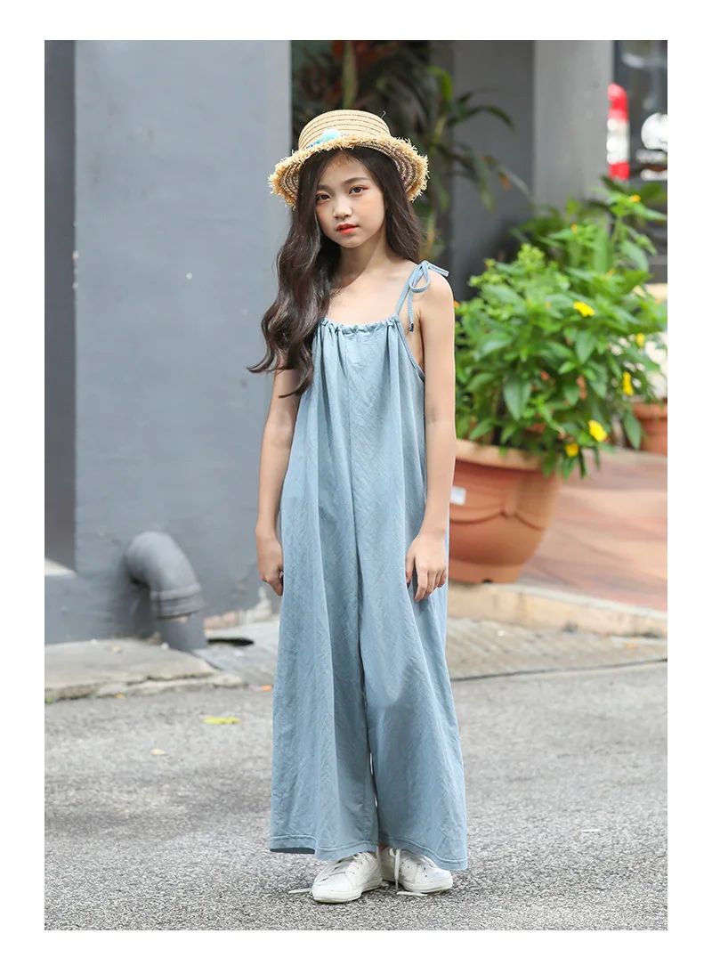 

2019 summer Korean version of the chung-cuhk wide leg pants style is pure cotton pants for girls with suspenders 6.8.10.12 14