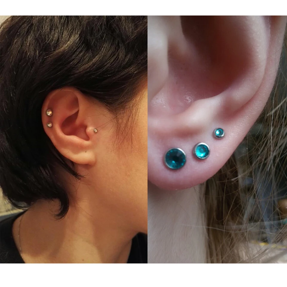 3pcs Flat Gem Tragus Cartilage Barbell Top Upper Ear Stud Earrings