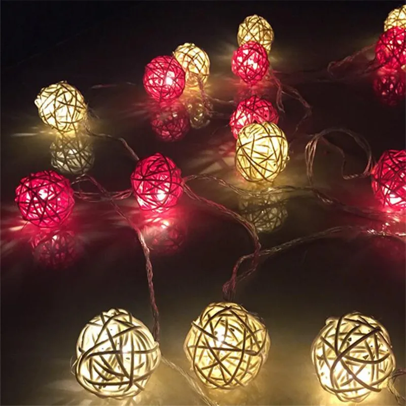 

White Pink Rattan ball LED string lights 1.5m 10LED battery holiday decoration Christmas indoor outdoor New Year
