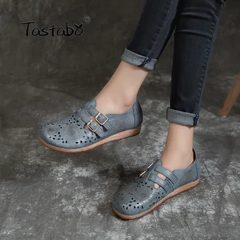 

Tastabo 100% Genuine Leather women's shoes Large size flat shoes Simple casual style SD2512B Sand Gray Soft bottom daily shoes f