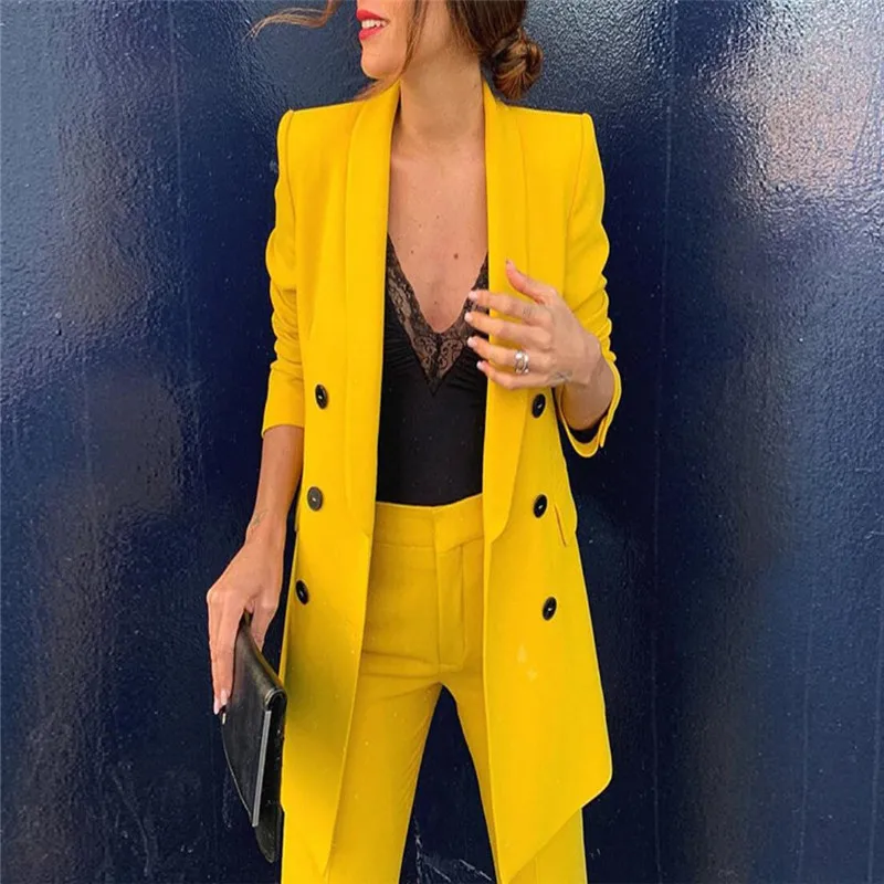 

Women's suit jacket 2019 spring and summer lapel long sleeve double-breasted suit jacket yellow jacket