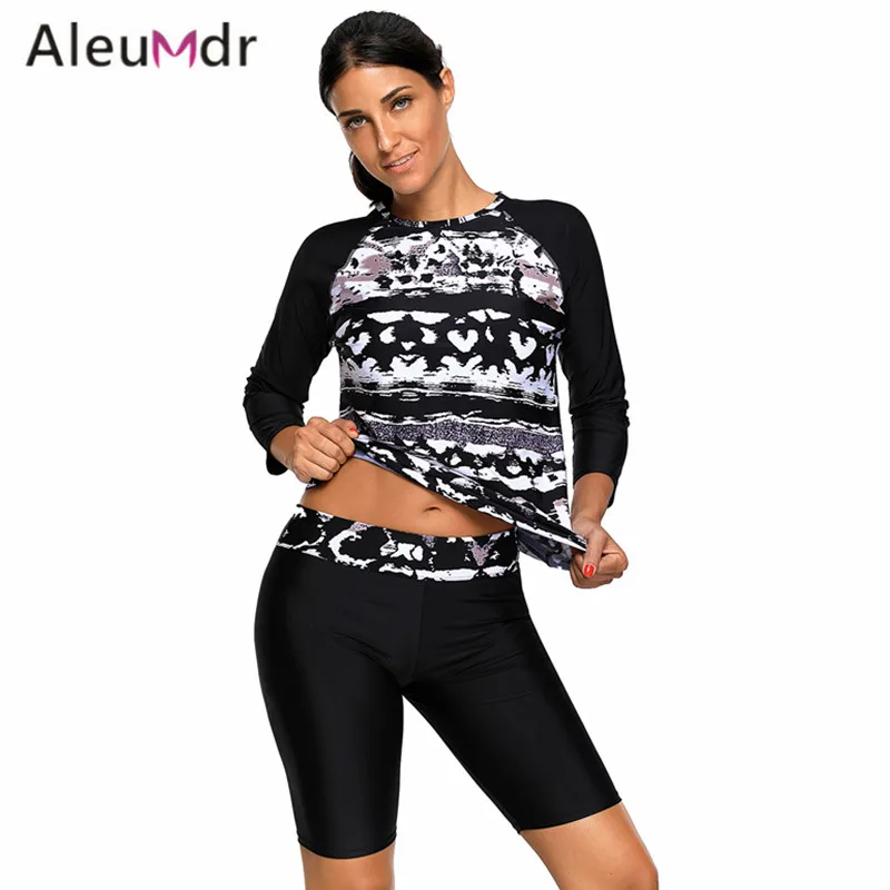 

Aleumdr Two Piece Swimsuit For Women Black Monochrome Abstract Print Long Sleeve Wetsuit Woman LC410484 Traje De Bano Mujer