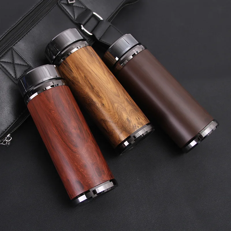 

High Quality Wood Grain Stainless Steel Water Bottle Vacuum Insulated Coffee Travel Cup with Tea Infuser Strainer Bottle Thermo