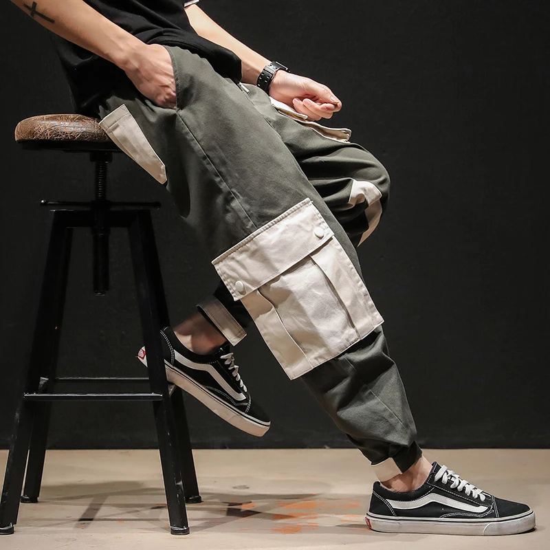 2019 Cargo Pants Mens Casual Joggers Baggy RIbbon Tactical Trousers Harajuku Harem Streetwear Hip Hop Pants Multi Pockets Loose
