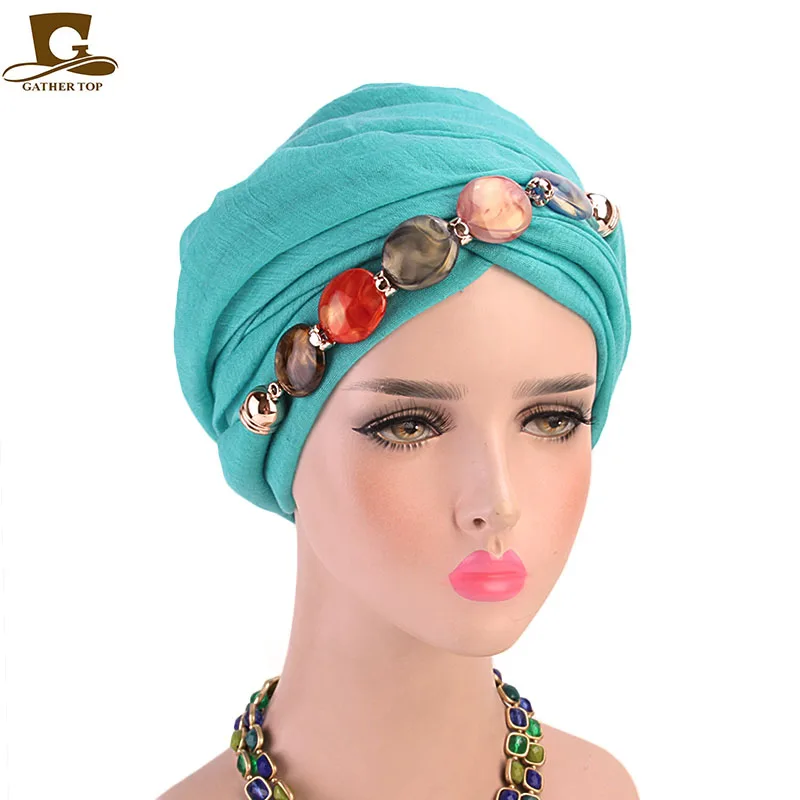 Женский тюрбан ювелирное ожерелье платок мусульманский, хиджаб головной убор - Цвет: Небесно-голубой
