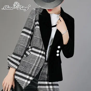 

MIAOQING 2019 Spring Fashion Clothes Velour Patchwork Wool Plaid Coat Female Long Sleeve Asymmetrical Women's Suits tops