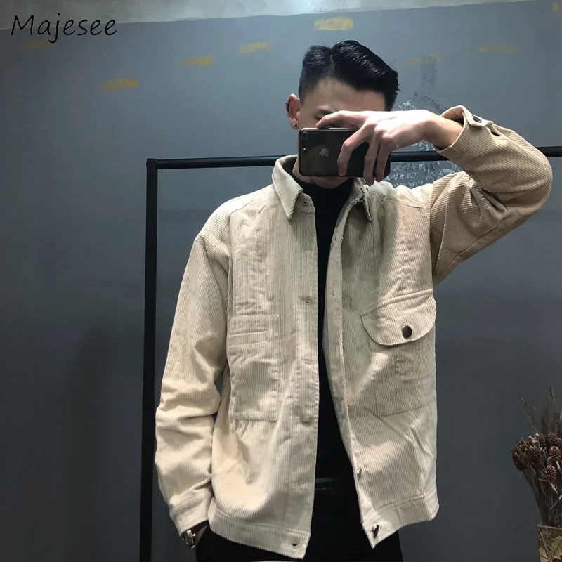 

Jackets Men Large Size Corduroy Turn-down Collar Solid Simple All-match Korean Style Single Breasted Jacket Mens Soft Ulzzang